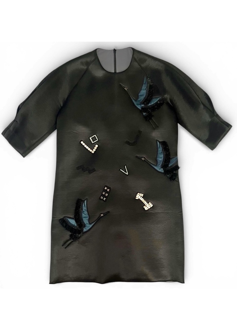 MO&Co Black Neoprene Midi Shift Dress Puff Sleeve Embellished Cranes medium